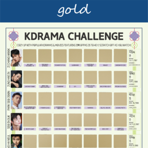 The image features a “KDRAMA CHALLENGE” chart, prominently displayed on a white background with a decorative blue header reading gold in cursive. The chart is organized into a grid with 63 squares, each representing a different Korean drama to watch. Each square is overlaid with a gold scratchable surface. The grid is arranged in 5 rows and 8 columns, with some squares already filled in at the top of each row. At the top of the chart, bold black text reads: Watch these 63 Kdramas featuring Oppas 35 to 40 ♡ Scratch Off as You Watch! Decorative elements include traditional Korean knots in purple and pink at the corners. The titles of various dramas are listed beneath each gold square in capitalized black text.