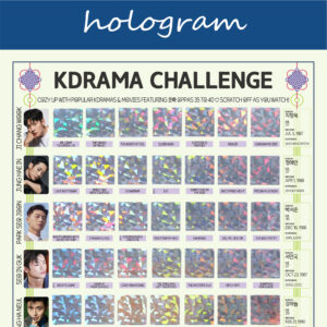 The image features a “KDRAMA CHALLENGE” chart, prominently displayed on a white background with a decorative blue header reading gold in cursive. Each square is overlaid with a hologram scratchable surface. The grid is arranged in 5 rows and 8 columns, each representing a different Korean drama to watch. At the top of the chart, bold black text reads: “Watch these 63 Kdramas featuring Oppas 35 to 40 ♡ Scratch Off as You Watch!” Decorative elements include traditional Korean knots in purple and pink at the corners. The titles of various dramas are listed beneath each gold square in capitalized black text.