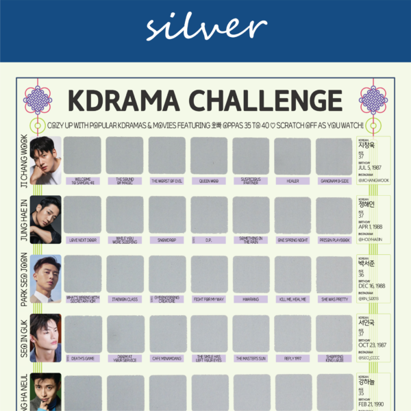 Oppas 35 to 40 Poster Product showing 5 actors and 7 silver tiles to scratch off.