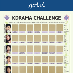 The image features a “KDRAMA CHALLENGE” chart, prominently displayed on a white background with a decorative blue header reading gold in cursive. Each square is overlaid with a gold scratchable surface. The grid is arranged in 5 rows and 8 columns, each representing a different Korean drama to watch. At the top of the chart, bold black text reads: “Watch these 63 Kdramas featuring Oppas 40 to 45 ♡ Scratch Off as You Watch!” Decorative elements include traditional Korean knots in purple and pink at the corners. The titles of various dramas are listed beneath each gold square in capitalized black text.