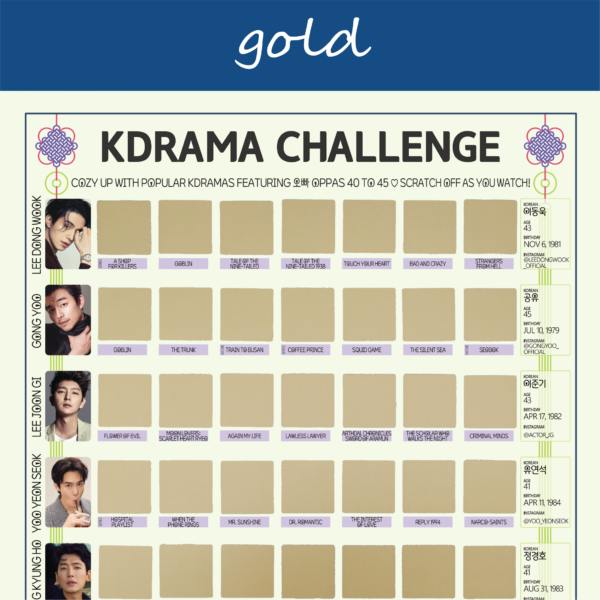 The image features a “KDRAMA CHALLENGE” chart, prominently displayed on a white background with a decorative blue header reading gold in cursive. Each square is overlaid with a gold scratchable surface. The grid is arranged in 5 rows and 8 columns, each representing a different Korean drama to watch. At the top of the chart, bold black text reads: “Watch these 63 Kdramas featuring Oppas 40 to 45 ♡ Scratch Off as You Watch!” Decorative elements include traditional Korean knots in purple and pink at the corners. The titles of various dramas are listed beneath each gold square in capitalized black text.