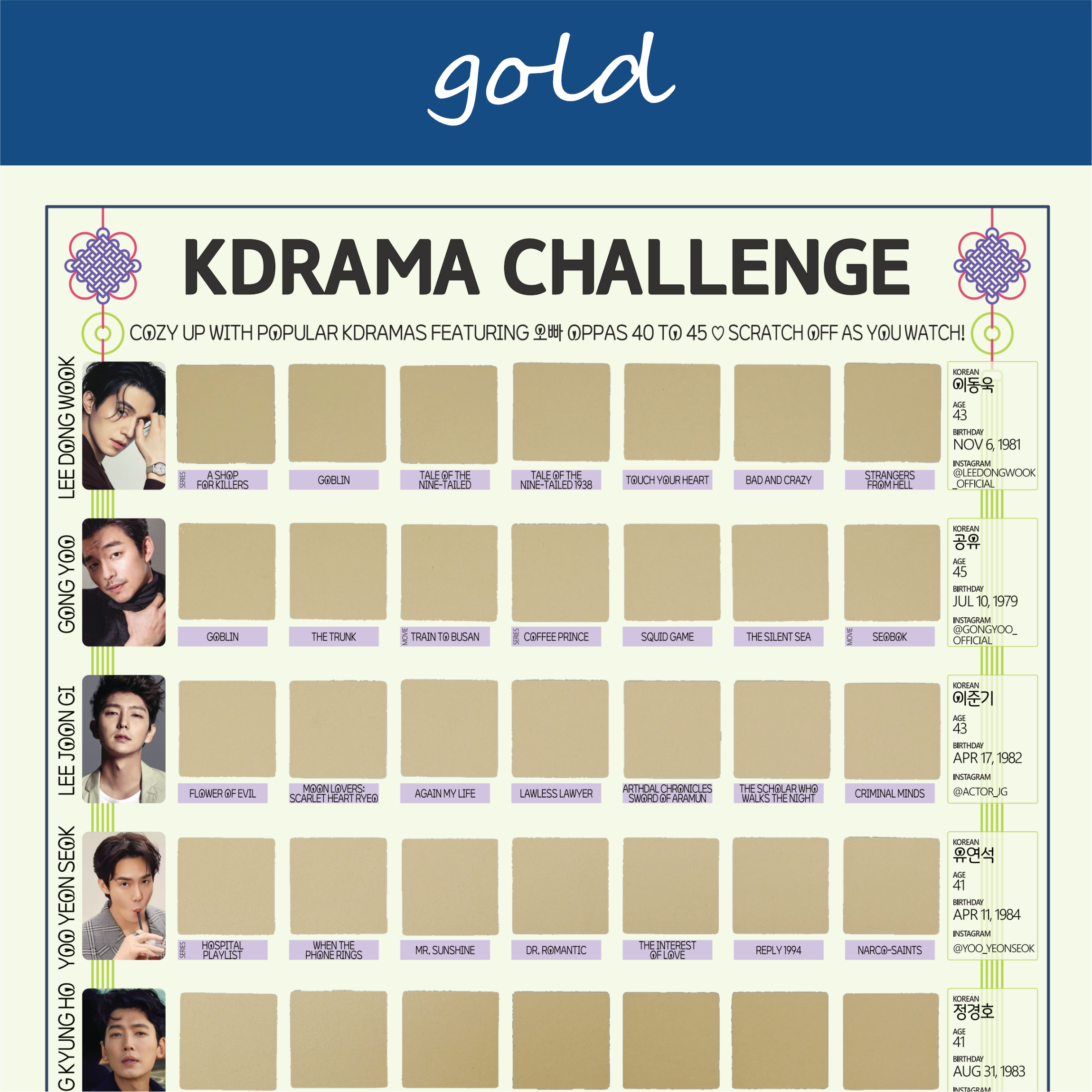 The image features a “KDRAMA CHALLENGE” chart, prominently displayed on a white background with a decorative blue header reading gold in cursive. Each square is overlaid with a gold scratchable surface. The grid is arranged in 5 rows and 8 columns, each representing a different Korean drama to watch. At the top of the chart, bold black text reads: “Watch these 63 Kdramas featuring Oppas 40 to 45 ♡ Scratch Off as You Watch!” Decorative elements include traditional Korean knots in purple and pink at the corners. The titles of various dramas are listed beneath each gold square in capitalized black text.