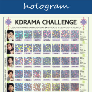 The image features a “KDRAMA CHALLENGE” chart, prominently displayed on a white background with a decorative blue header reading gold in cursive. Each square is overlaid with a hologram scratchable surface. The grid is arranged in 5 rows and 8 columns, each representing a different Korean drama to watch. At the top of the chart, bold black text reads: “Watch these 63 Kdramas featuring Oppas 40 to 45 ♡ Scratch Off as You Watch!” Decorative elements include traditional Korean knots in purple and pink at the corners. The titles of various dramas are listed beneath each gold square in capitalized black text.
