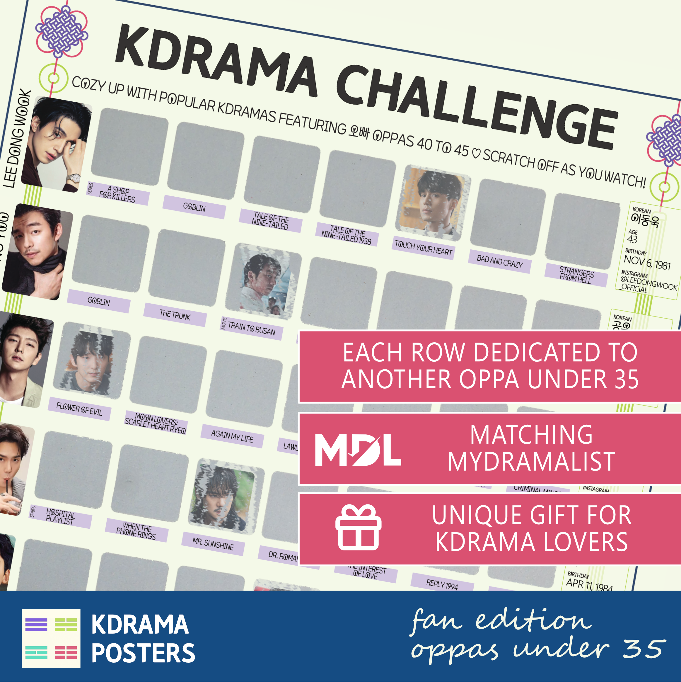 Oppas 40 to 45-Lee Dong Wook, Gong Yoo, Hyun Bin, Ju Ji Hoon-Kdrama Challenge Scratch-Off Poster Tracker