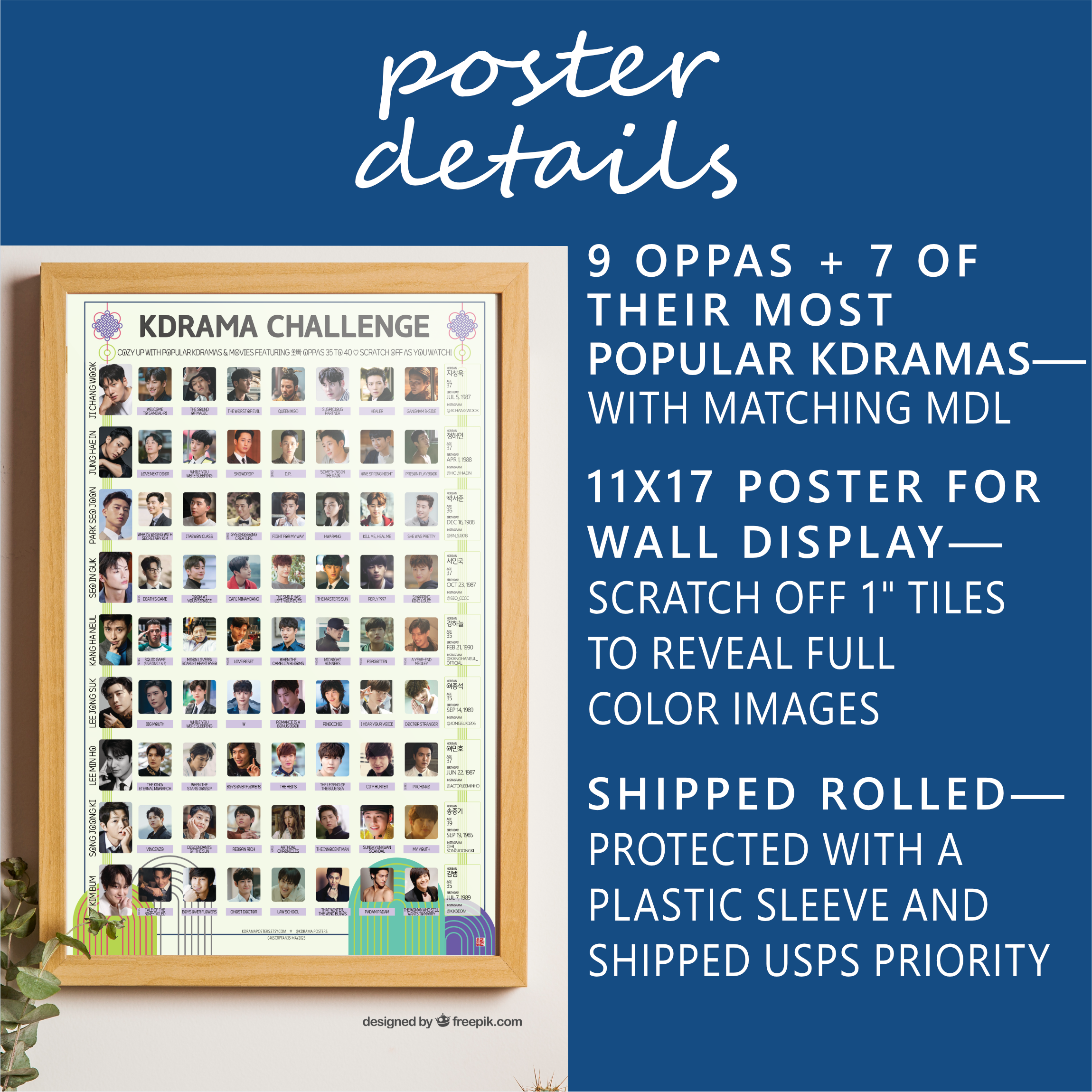 Oppas 40 to 45-Lee Dong Wook, Gong Yoo, Hyun Bin, Ju Ji Hoon-Kdrama Challenge Scratch-Off Poster Tracker - Image 2