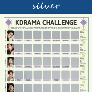 The image features a “KDRAMA CHALLENGE” chart, prominently displayed on a white background with a decorative blue header reading gold in cursive. Each square is overlaid with a silver scratchable surface. The grid is arranged in 5 rows and 8 columns, each representing a different Korean drama to watch. At the top of the chart, bold black text reads: “Watch these 63 Kdramas featuring Oppas 40 to 45 ♡ Scratch Off as You Watch!” Decorative elements include traditional Korean knots in purple and pink at the corners. The titles of various dramas are listed beneath each gold square in capitalized black text.