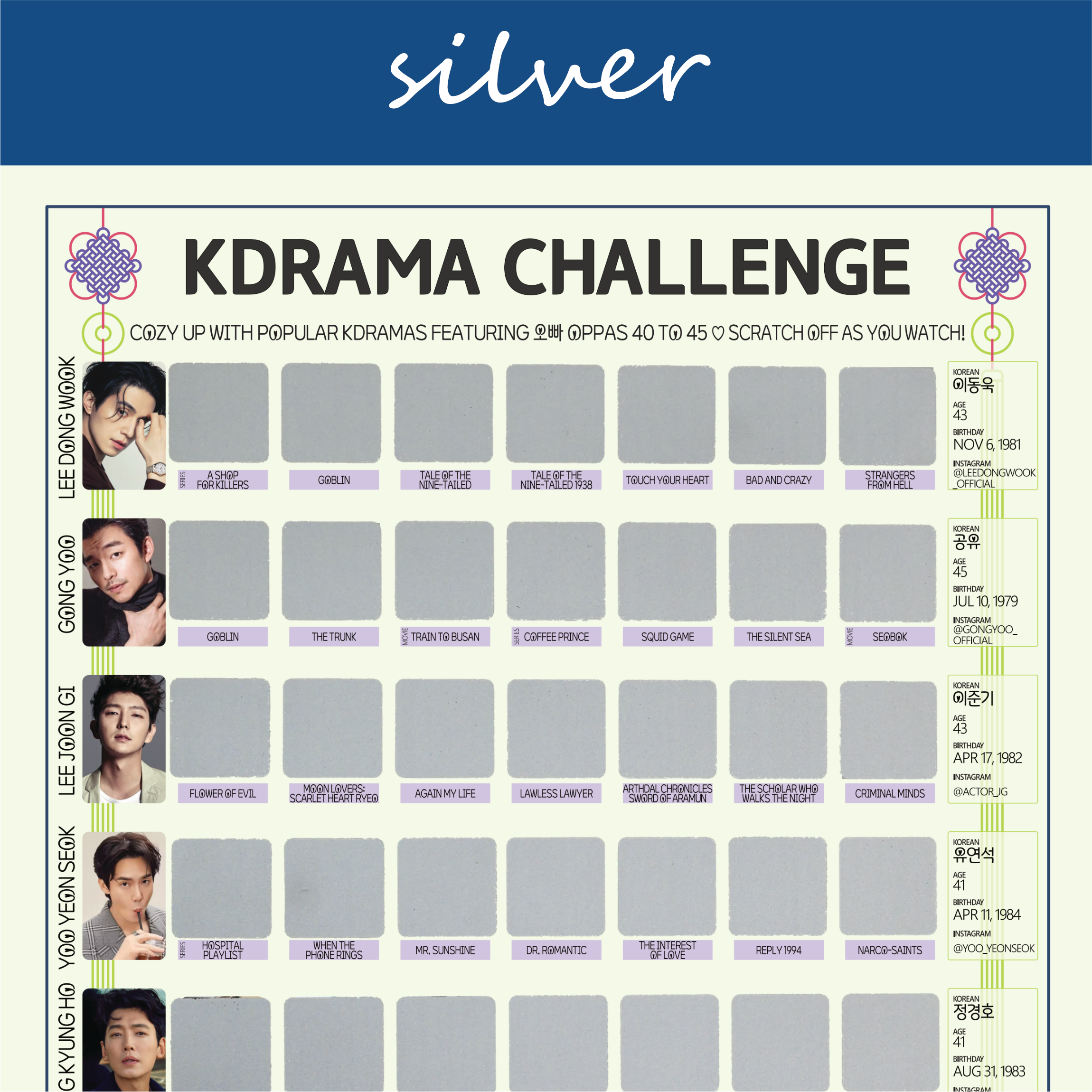 Oppas 40 to 45-Lee Dong Wook, Gong Yoo, Hyun Bin, Ju Ji Hoon-Kdrama Challenge Scratch-Off Poster Tracker - Image 5