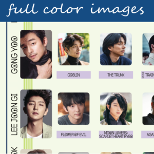 The image is a collage displaying six different television series or movies, arranged in a grid. Each image represents a series or movie cover, featuring the title characters in various poses. At the top, white text on blue background states full color images. First Row: Gong Yoo, Goblin, The Trunk; Second Row: Lee Joon Gi, Flower of Evil, Moon Lovers: Scarlet Heart Ryeo. Each image is labeled below with a purple rectangle featuring bold, uppercase titles. The background is an off-white color, and the top of the image includes a blue banner with the text “full color images.”