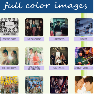 The image is a collage displaying six different television series or movies, arranged in a grid. Each image represents a series or movie cover, featuring the title characters in various poses. At the top, white text on blue background states full color images. First Row: Death's Game, Mr. Sunshine, Happiness, Mouse; Second Row: The Red Sleeve, Daily Dose of Sunshine, Sky Castle, A Shop for Killers; Third Row: Life on Mars, Racket Boys, The Judge from Hell, Hometown Cha-Cha-Cha. Each image is labeled below with a purple rectangle featuring bold, uppercase titles. The background is an off-white color, and the top of the image includes a blue banner with the text “full color images.”