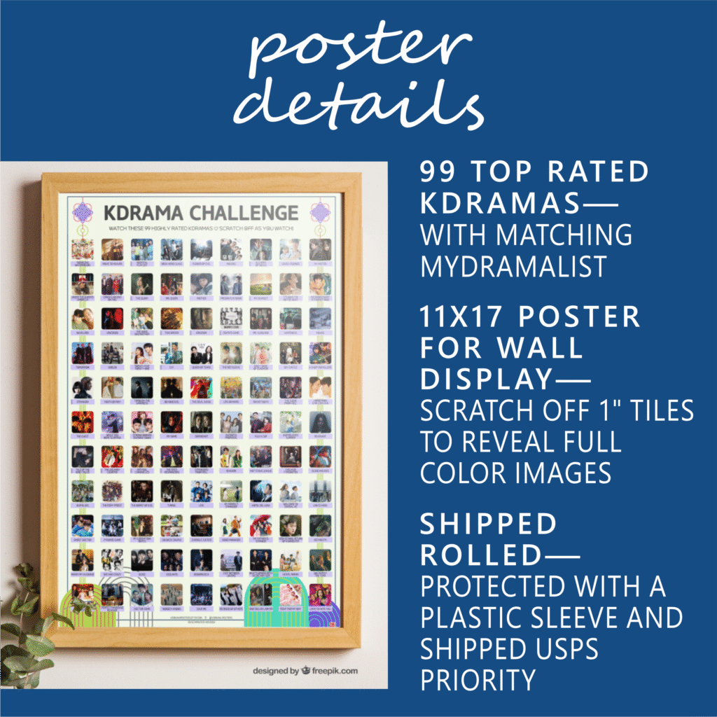 A vibrant poster on the wall titled “KDRAMA CHALLENGE” displays 99 Top Rated Kdramas within a wooden frame. The poster features a grid of images and drama titles. Along the wall, there are houseplants and flowerpots enhancing the setting. White text on blue background: Poster Details. 99 Top Rated Kdramas—with Matching MyDramaList. 11x17 poster for wall display—Scratch off 1” tiles to reveal full color images. Shipped rolled—Protected in a plastic sleeve and shipped rolled in a triangle tube.