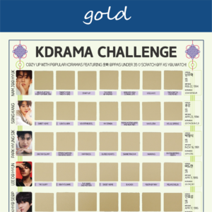 The image features a “KDRAMA CHALLENGE” chart, prominently displayed on a white background with a decorative blue header reading gold in cursive. Each square is overlaid with a gold scratchable surface. The grid is arranged in 5 rows and 8 columns, each representing a different Korean drama to watch. At the top of the chart, bold black text reads: “Watch these 63 Kdramas featuring Oppas 40 to 45 ♡ Scratch Off as You Watch!” Decorative elements include traditional Korean knots in purple and pink at the corners. The titles of various dramas are listed beneath each gold square in capitalized black text.