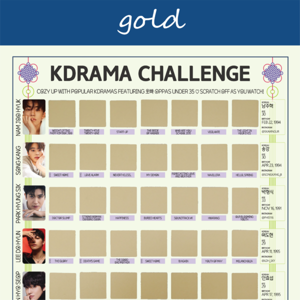 The image features a “KDRAMA CHALLENGE” chart, prominently displayed on a white background with a decorative blue header reading gold in cursive. Each square is overlaid with a gold scratchable surface. The grid is arranged in 5 rows and 8 columns, each representing a different Korean drama to watch. At the top of the chart, bold black text reads: “Watch these 63 Kdramas featuring Oppas 40 to 45 ♡ Scratch Off as You Watch!” Decorative elements include traditional Korean knots in purple and pink at the corners. The titles of various dramas are listed beneath each gold square in capitalized black text.