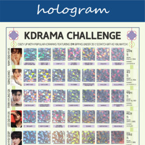 The image features a "KDRAMA CHALLENGE" chart, prominently displayed on a white background with a decorative blue header reading hologram in cursive. The chart is organized into a grid with 99 squares, each representing a different Korean drama to watch. Each square is overlaid with a hologram scratchable surface. The grid is arranged in 5 rows and 8 columns, with some squares already filled in at the top of each row. At the top of the chart, bold black text reads: Watch these 63 Kdramas featuring Oppas Under 35 ♡ Scratch Off as You Watch! Decorative elements include traditional Korean knots in purple and pink at the corners. The titles of various dramas are listed beneath each gold square in capitalized black text.