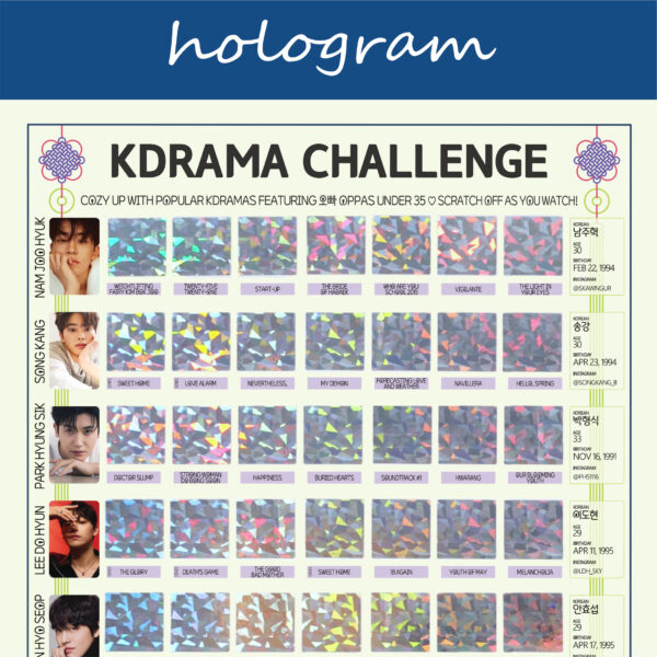 The image features a "KDRAMA CHALLENGE" chart, prominently displayed on a white background with a decorative blue header reading hologram in cursive. The chart is organized into a grid with 99 squares, each representing a different Korean drama to watch. Each square is overlaid with a hologram scratchable surface. The grid is arranged in 5 rows and 8 columns, with some squares already filled in at the top of each row. At the top of the chart, bold black text reads: Watch these 63 Kdramas featuring Oppas Under 35 ♡ Scratch Off as You Watch! Decorative elements include traditional Korean knots in purple and pink at the corners. The titles of various dramas are listed beneath each gold square in capitalized black text.