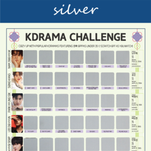 The image features a "KDRAMA CHALLENGE" chart, prominently displayed on a white background with a decorative blue header reading silver in cursive. The chart is organized into a grid with 99 squares, each representing a different Korean drama to watch. Each square is overlaid with a silver scratchable surface. The grid is arranged in 5 rows and 8 columns, with some squares already filled in at the top of each row. At the top of the chart, bold black text reads: Watch these 63 Kdramas featuring Oppas Under 35 ♡ Scratch Off as You Watch! Decorative elements include traditional Korean knots in purple and pink at the corners. The titles of various dramas are listed beneath each gold square in capitalized black text.