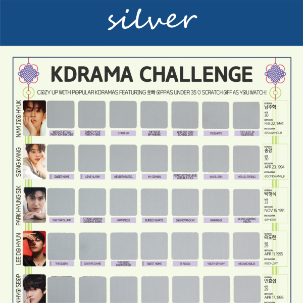 The image features a "KDRAMA CHALLENGE" chart, prominently displayed on a white background with a decorative blue header reading silver in cursive. The chart is organized into a grid with 99 squares, each representing a different Korean drama to watch. Each square is overlaid with a silver scratchable surface. The grid is arranged in 5 rows and 8 columns, with some squares already filled in at the top of each row. At the top of the chart, bold black text reads: Watch these 63 Kdramas featuring Oppas Under 35 ♡ Scratch Off as You Watch! Decorative elements include traditional Korean knots in purple and pink at the corners. The titles of various dramas are listed beneath each gold square in capitalized black text.