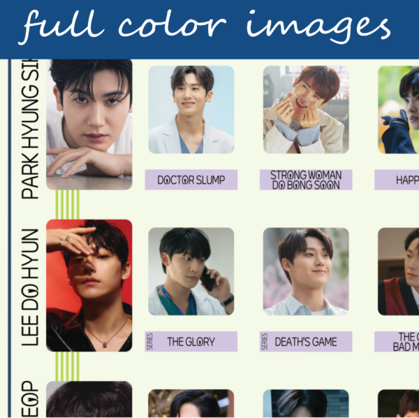 The image is a collage displaying six different television series or movies, arranged in a grid. Each image represents a series or movie cover, featuring the title characters in various poses. At the top, white text on blue background states full color images. First Row: Park Hyung Sik, Doctor Slump, Strong Woman Do Bong Soon; Second Row: Lee Do Hyun, The Glory, Death's Game. Each image is labeled below with a purple rectangle featuring bold, uppercase titles. The background is an off-white color, and the top of the image includes a blue banner with the text “full color images.”