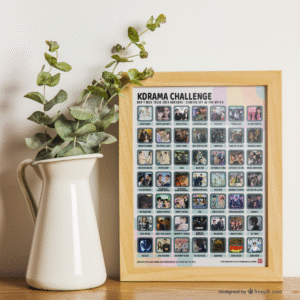 Mockup image of poster product in a light wooden frame on a table. Product does not have any scratch-off tiles. To the left of the frame sits a vase with eucalyptus leaves.