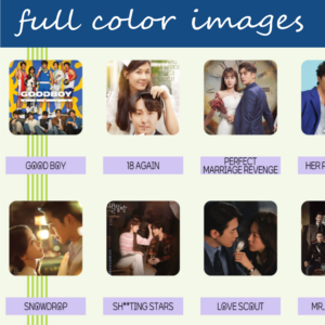 The image is a collage displaying six different television series or movies, arranged in a grid. Each image represents a series or movie cover, featuring the title characters in various poses. At the top, white text on blue background states full color images. First Row: Good Boy, 18 Again, Perfect Marriage Revenge; Second Row: Snowdrop, Sh**ting Stars, Love Scout. Each image is labeled below with a purple rectangle featuring bold, uppercase titles. The background is an off-white color, and the top of the image includes a blue banner with the text “full color images.”