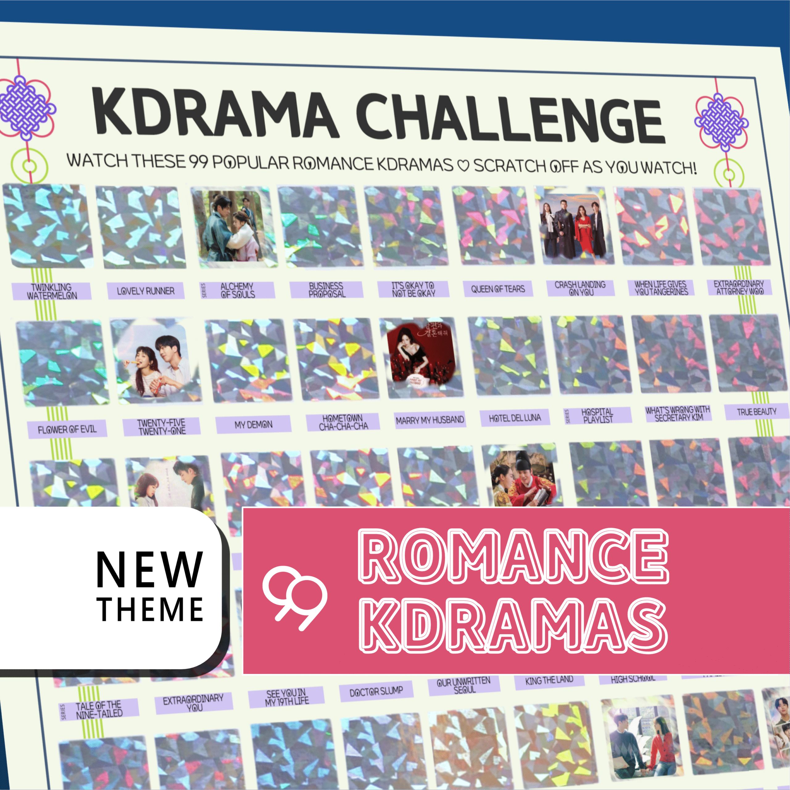 The image features a promotional poster for a “KDRAMA CHALLENGE” with a grid layout. The top of the poster has a white background with black text stating, “Watch these 99 Popular Romance Kdramas. Scratch off as you watch!” Each square in the grid contains either a colorful, geometric holographic pattern or a small image from a Kdrama. A bold white rectangle on the bottom left reads NEW THEME in stacked black text on a white background. On the right, a large pink banner with white outlined text reads ROMANCE KDRAMAS.