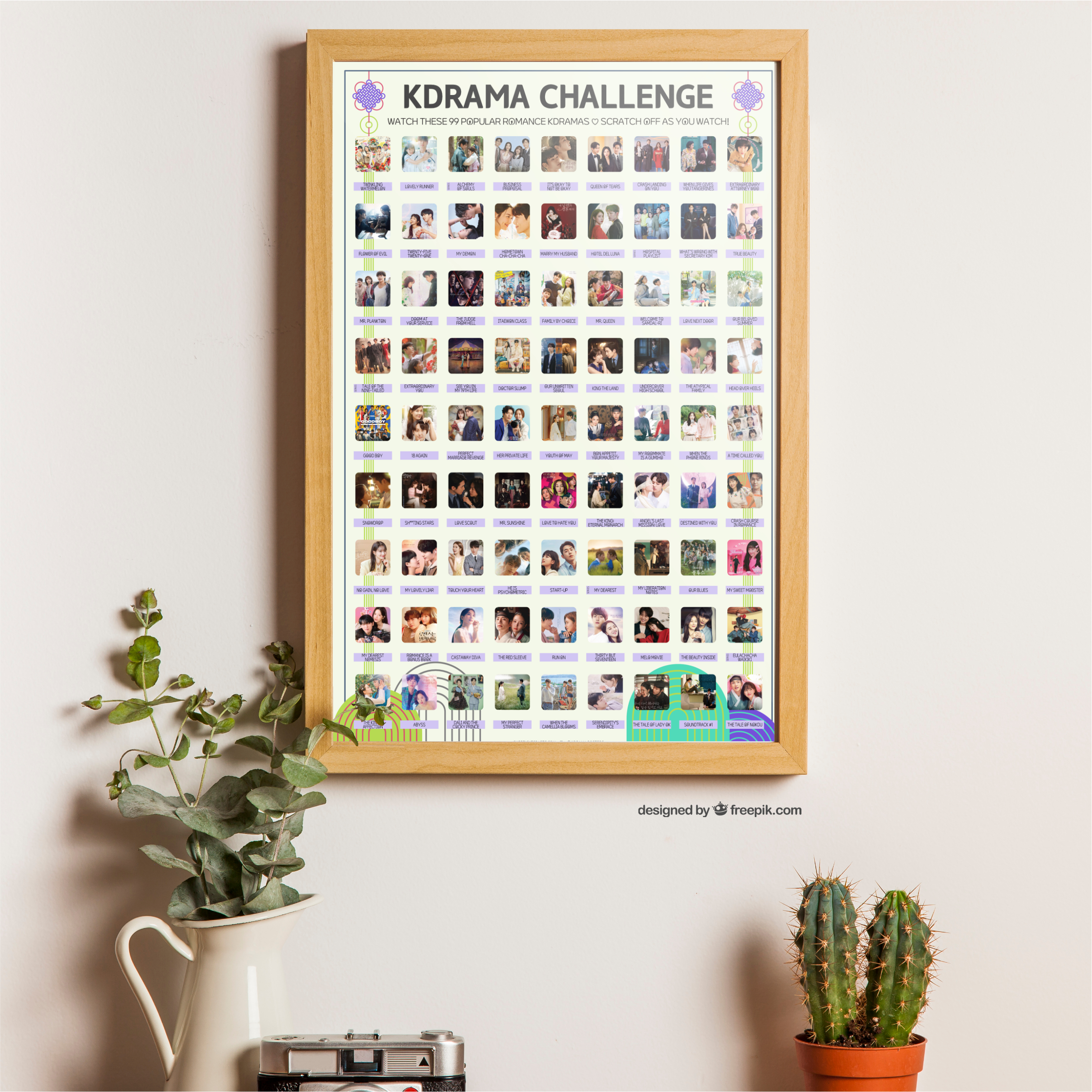 A vibrant poster on the wall titled "KDRAMA CHALLENGE" displays 99 Popular Romance Kdramas within a wooden frame. The poster features a grid of images and drama titles. Along the wall, there are houseplants and flowerpots enhancing the setting.