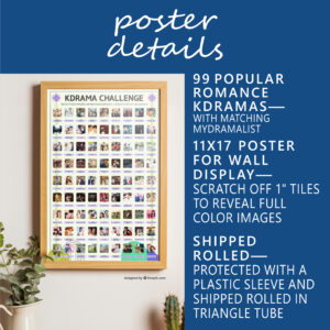 A vibrant poster on the wall titled "KDRAMA CHALLENGE" displays 99 Popular Romance Kdramas within a wooden frame. The poster features a grid of images and drama titles. Along the wall, there are houseplants and flowerpots enhancing the setting. White text on blue background: Poster Details. 99 Popular Romance Kdramas—with Matching MyDramaList. 11x17 poster for wall display—Scratch off 1” tiles to reveal full color images. Shipped rolled—Protected in a plastic sleeve and shipped rolled in a triangle tube.