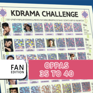 The image features a promotional poster for a “KDRAMA CHALLENGE” with a grid layout. The top of the poster has a white background with black text stating, “Watch these 63 Kdramas featuring Oppas 35 to 40. Scratch off as you watch!” Each square in the grid contains either a colorful, geometric holographic pattern or a small image from a Kdrama. A bold white rectangle on the bottom left reads FAN EDITION in stacked black text on a white background. On the right, a large pink banner with white outlined text reads Oppas 35 to 40.