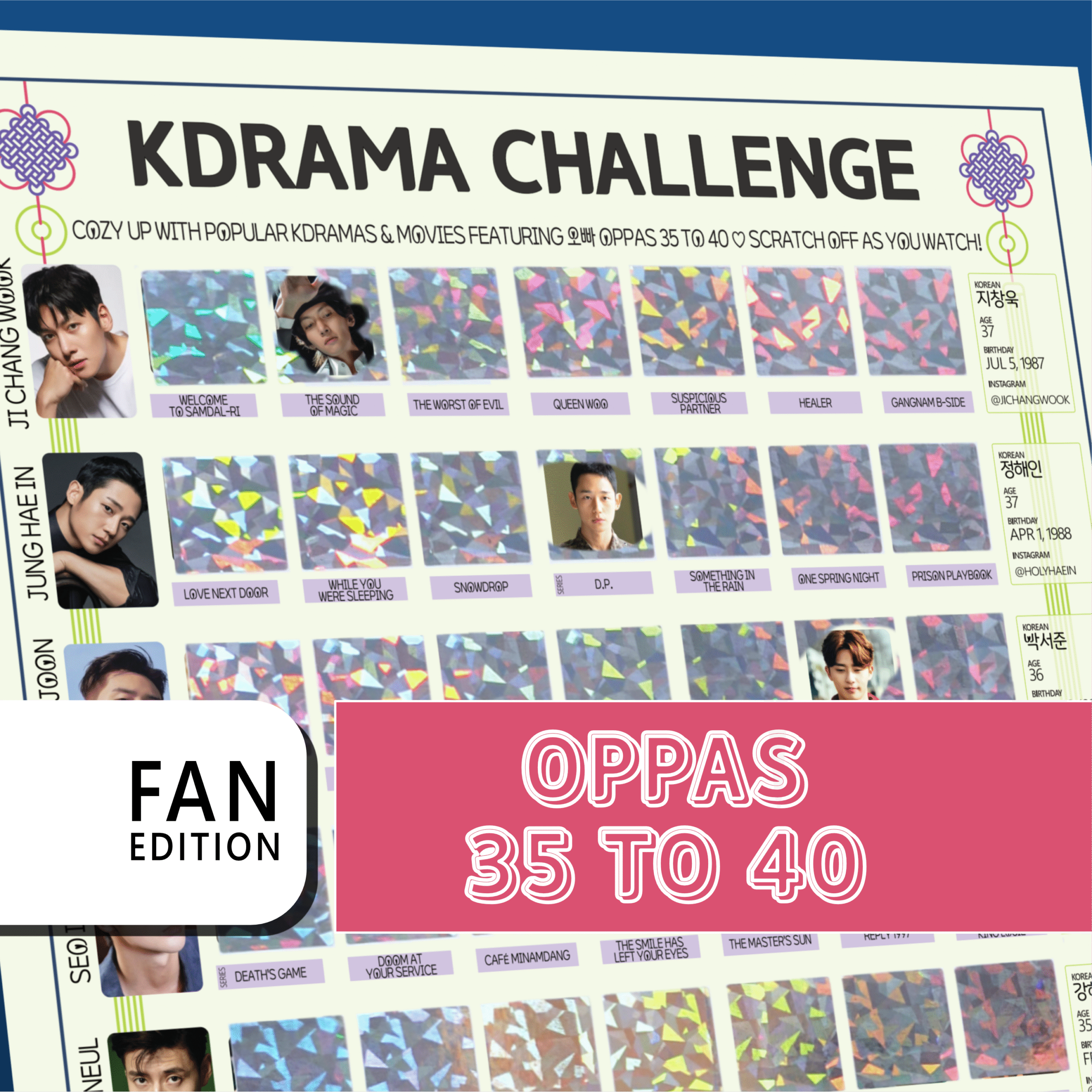 The image features a promotional poster for a “KDRAMA CHALLENGE” with a grid layout. The top of the poster has a white background with black text stating, “Watch these 63 Kdramas featuring Oppas 35 to 40. Scratch off as you watch!” Each square in the grid contains either a colorful, geometric holographic pattern or a small image from a Kdrama. A bold white rectangle on the bottom left reads FAN EDITION in stacked black text on a white background. On the right, a large pink banner with white outlined text reads Oppas 35 to 40.