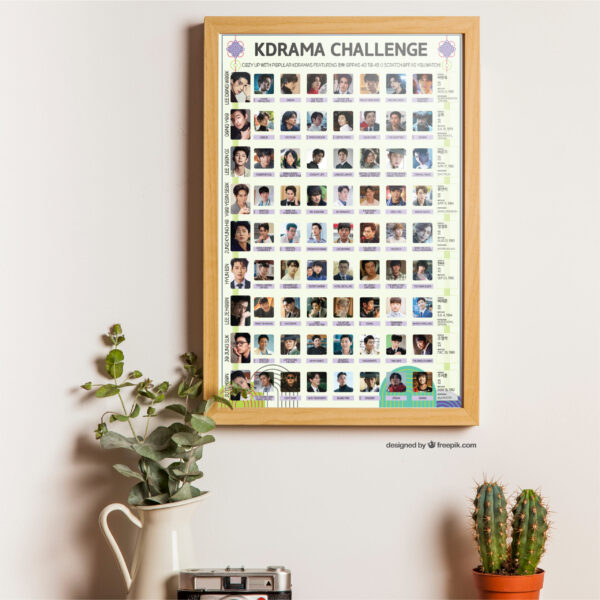 A vibrant poster on the wall titled “KDRAMA CHALLENGE” displays 63 Kdramas featuring Oppas 40 to 45 within a wooden frame. The poster features a grid of images and drama titles. Along the wall, there are houseplants and flowerpots enhancing the setting.