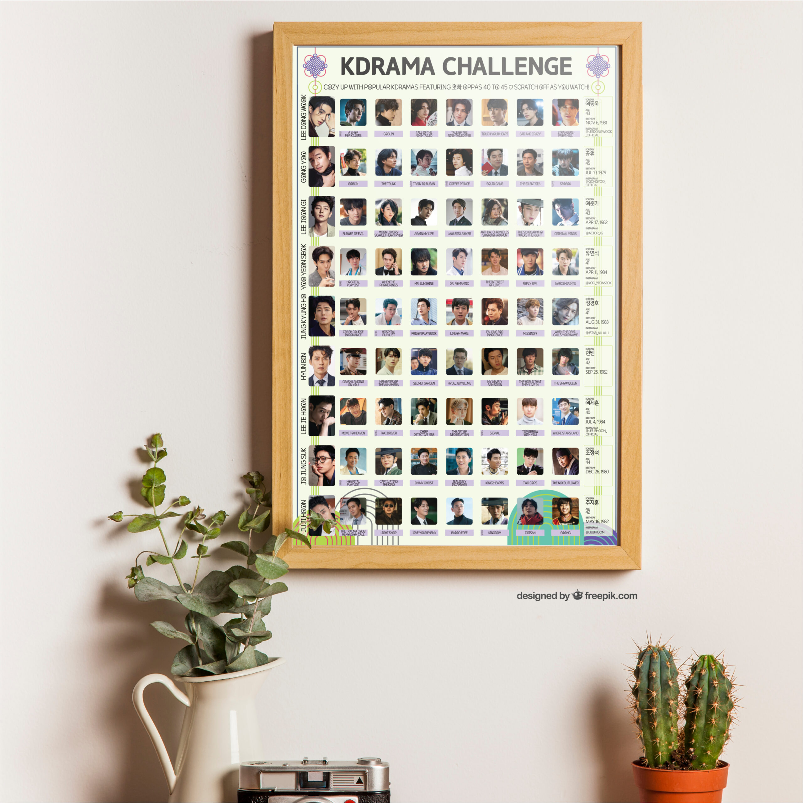A vibrant poster on the wall titled “KDRAMA CHALLENGE” displays 63 Kdramas featuring Oppas 40 to 45 within a wooden frame. The poster features a grid of images and drama titles. Along the wall, there are houseplants and flowerpots enhancing the setting.