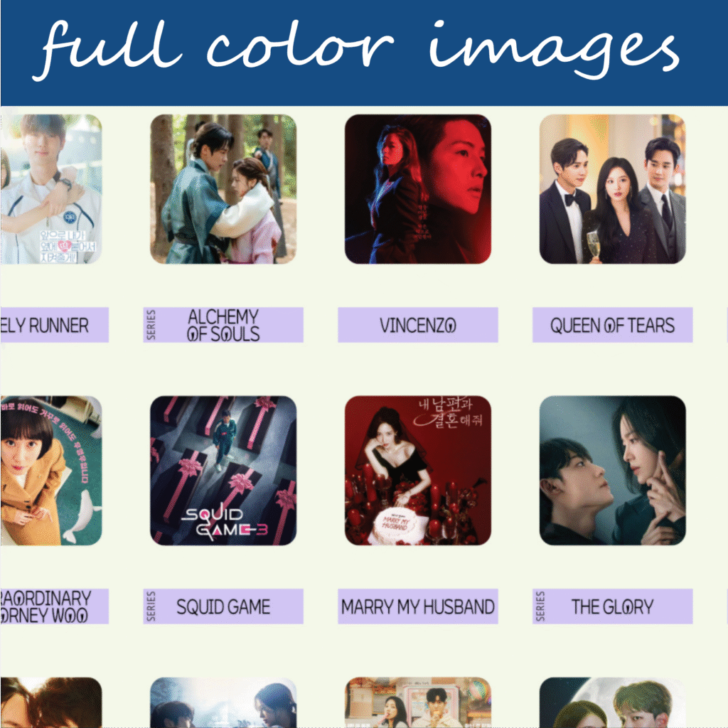 The image is a collage displaying six different television series or movies, arranged in a grid. Each image represents a series or movie cover, featuring the title characters in various poses. At the top, white text on blue background states full color images. First Row: Alchemy of Souls, Vincenzo, Queen of Tears; Second Row: Squid Games, Marry My Husband, The Glory. Each image is labeled below with a purple rectangle featuring bold, uppercase titles. The background is an off-white color, and the top of the image includes a blue banner with the text “full color images.”
