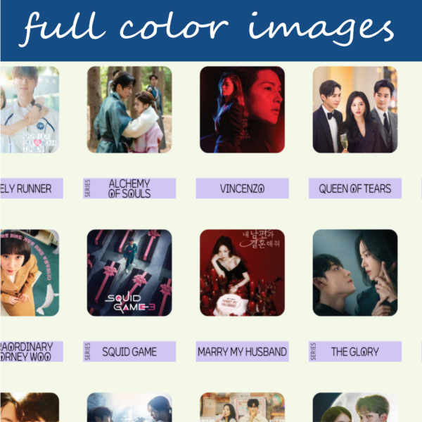 The image is a collage displaying six different television series or movies, arranged in a grid. Each image represents a series or movie cover, featuring the title characters in various poses. At the top, white text on blue background states full color images. First Row: Alchemy of Souls, Vincenzo, Queen of Tears; Second Row: Squid Games, Marry My Husband, The Glory. Each image is labeled below with a purple rectangle featuring bold, uppercase titles. The background is an off-white color, and the top of the image includes a blue banner with the text “full color images.”