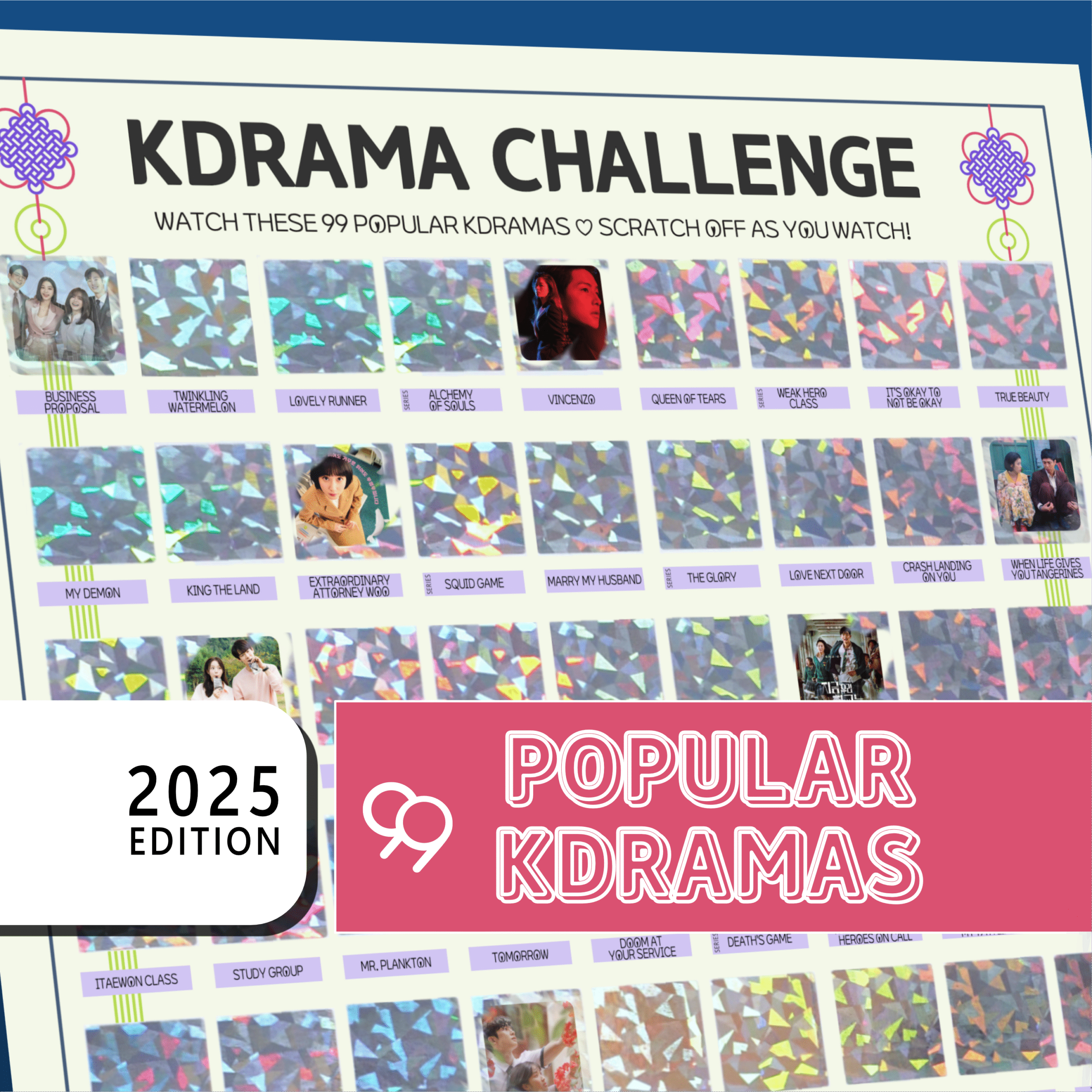 The image features a promotional poster for a “KDRAMA CHALLENGE” with a grid layout. The top of the poster has a white background with black text stating, “Watch these 99 Most Popular Kdramas. Scratch off as you watch!” Each square in the grid contains either a colorful, geometric holographic pattern or a small image from a Kdrama. A bold white rectangle on the bottom left reads 2025 EDITION in stacked black text on a white background. On the right, a large pink banner with white outlined text reads Most Popular Kdramas.
