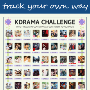 The image features a "KDRAMA CHALLENGE" chart, prominently displayed on a white background with a decorative blue header reading track your own way in cursive. The chart is organized into a grid with 99 squares, each representing a different Korean drama to watch. Each drama entry, arranged in rows and columns, includes an image of a scene from the drama and a small title label beneath. Certain entries are marked with symbols like stars, hearts, and crosses, indicating completion or personal favorites. At the top of the chart, bold black text reads: Watch these 99 Most Popular Kdramas ♡ Scratch Off as You Watch! Decorative elements include traditional Korean knots in purple and pink at the corners. The titles of various dramas are listed beneath each gold square in capitalized black text.