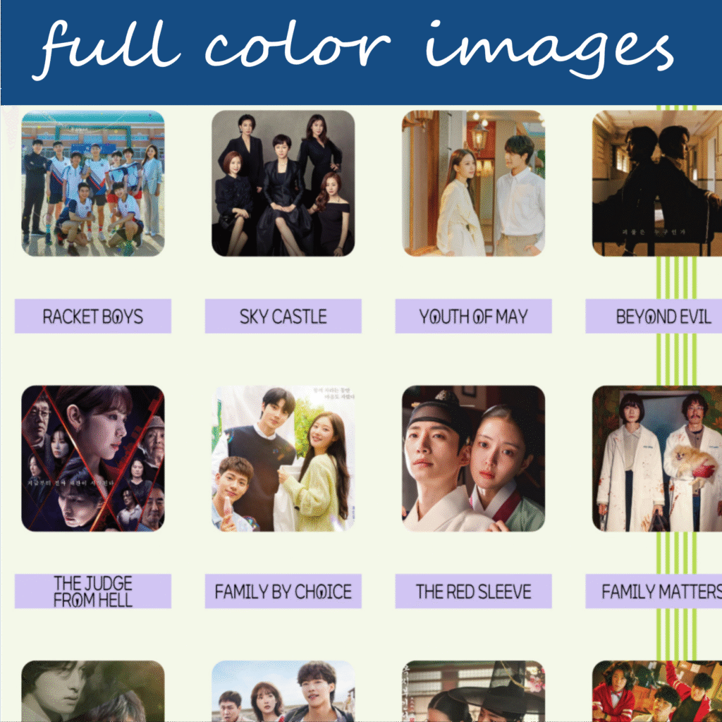 The image is a collage displaying six different television series or movies, arranged in a grid. Each image represents a series or movie cover, featuring the title characters in various poses. At the top, white text on blue background states full color images. First Row: Racket Boys, Sky Castle, Youth of May, Beyond Evil; Second Row: The Judge from Hell, Family by Choice, The Red Sleeve, Family Matters. Each image is labeled below with a purple rectangle featuring bold, uppercase titles. The background is an off-white color, and the top of the image includes a blue banner with the text “full color images.”