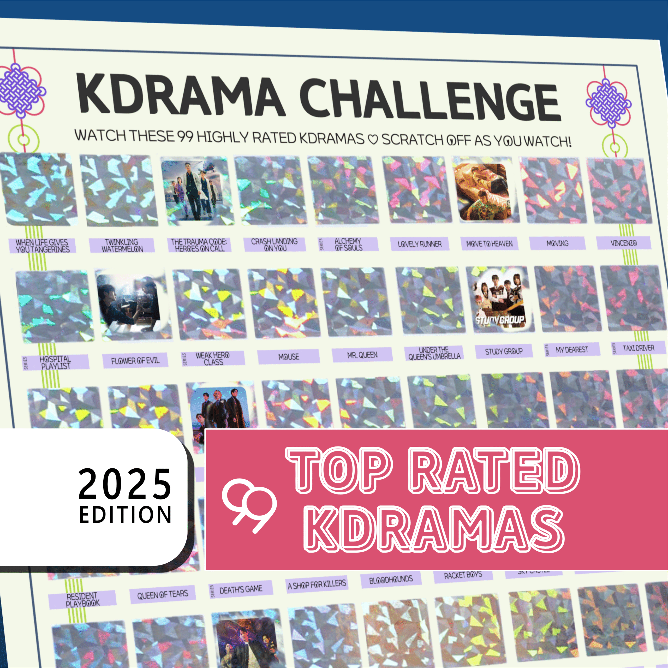 The image features a promotional poster for a “KDRAMA CHALLENGE” with a grid layout. The top of the poster has a white background with black text stating, “Watch these 99 Top Rated Kdramas. Scratch off as you watch!” Each square in the grid contains either a colorful, geometric holographic pattern or a small image from a Kdrama. A bold white rectangle on the bottom left reads 2025 EDITION in stacked black text on a white background. On the right, a large pink banner with white outlined text reads Top Popular Kdramas.