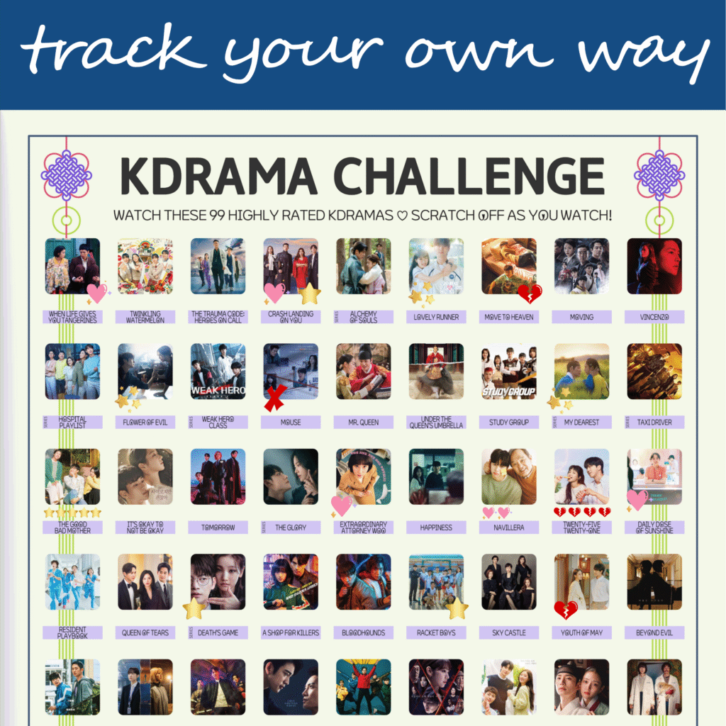 The image features a "KDRAMA CHALLENGE" chart, prominently displayed on a white background with a decorative blue header reading track your own way in cursive. The chart is organized into a grid with 99 squares, each representing a different Korean drama to watch. Each drama entry, arranged in rows and columns, includes an image of a scene from the drama and a small title label beneath. Certain entries are marked with symbols like stars, hearts, and crosses, indicating completion or personal favorites. At the top of the chart, bold black text reads: Watch these 99 Top Rated Kdramas ♡ Scratch Off as You Watch! Decorative elements include traditional Korean knots in purple and pink at the corners. The titles of various dramas are listed beneath each gold square in capitalized black text.
