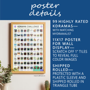 A vibrant poster on the wall titled "KDRAMA CHALLENGE" displays 99 Top Rated Kdramas within a wooden frame. The poster features a grid of images and drama titles. Along the wall, there are houseplants and flowerpots enhancing the setting. White text on blue background: Poster Details. 99 Top Rated Kdramas—with Matching MyDramaList. 11x17 poster for wall display—Scratch off 1” tiles to reveal full color images. Shipped rolled—Protected in a plastic sleeve and shipped rolled in a triangle tube.