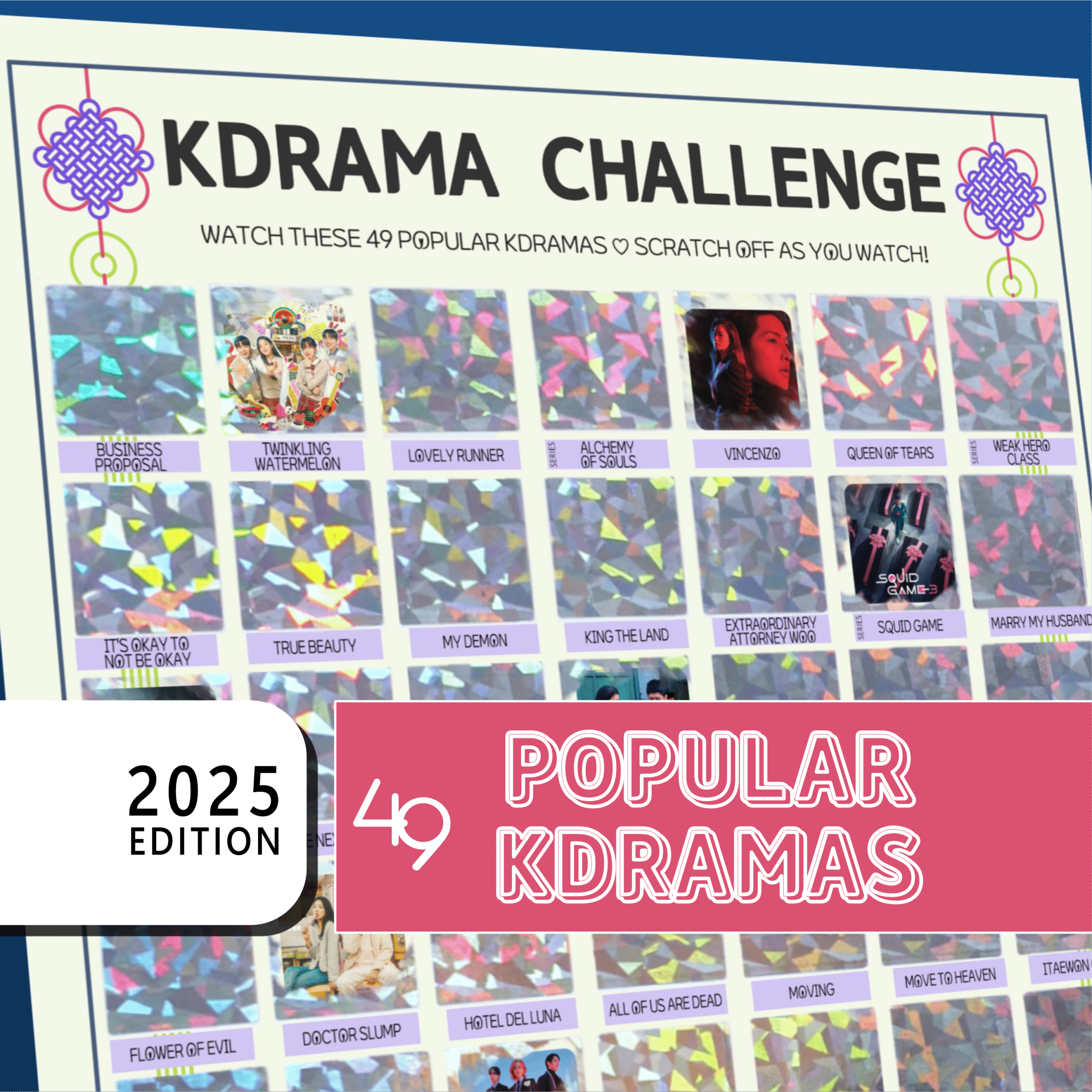 The image features a promotional poster for a “KDRAMA CHALLENGE” with a grid layout. The top of the poster has a white background with black text stating, “Watch these 49 Most Popular Kdramas. Scratch off as you watch!” Each square in the grid contains either a colorful, geometric holographic pattern or a small image from a Kdrama. A bold white rectangle on the bottom left reads 2025 EDITION in stacked black text on a white background. On the right, a large pink banner with white outlined text reads Most Popular Kdramas.