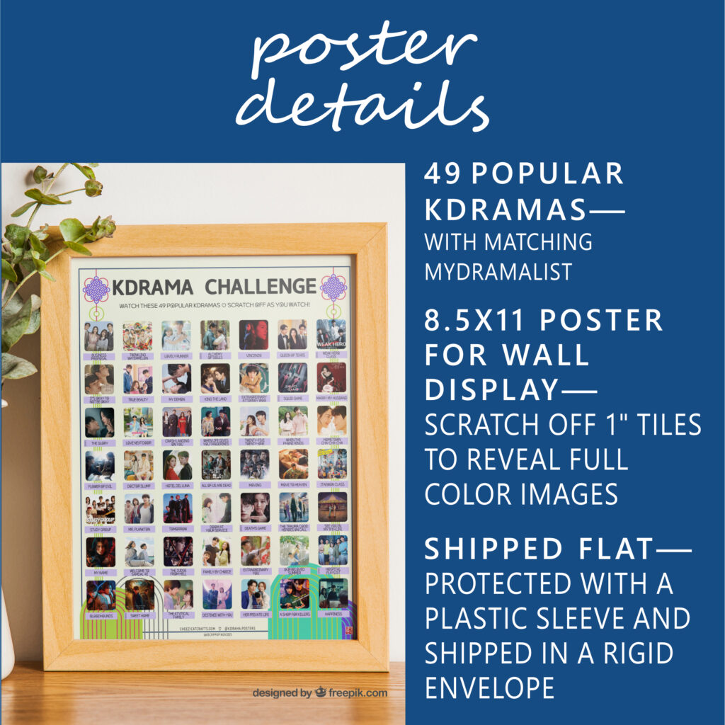 A vibrant poster on a tabletop titled "KDRAMA CHALLENGE" displays 49 Most Popular Kdramas within a wooden frame. The poster features a grid of images and drama titles. On the table, there is a houseplant to the left of the frame. White text on blue background: Poster Details. 49 Most Popular Kdramas—with Matching MyDramaList. 8.5x11 poster for wall display—Scratch off 1” tiles to reveal full color images. Shipped flat—Protected in a plastic sleeve and shipped in a rigid envelope.