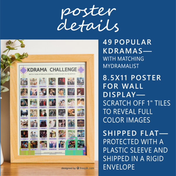 A vibrant poster on a tabletop titled "KDRAMA CHALLENGE" displays 49 Most Popular Kdramas within a wooden frame. The poster features a grid of images and drama titles. On the table, there is a houseplant to the left of the frame. White text on blue background: Poster Details. 49 Most Popular Kdramas—with Matching MyDramaList. 8.5x11 poster for wall display—Scratch off 1” tiles to reveal full color images. Shipped flat—Protected in a plastic sleeve and shipped in a rigid envelope.