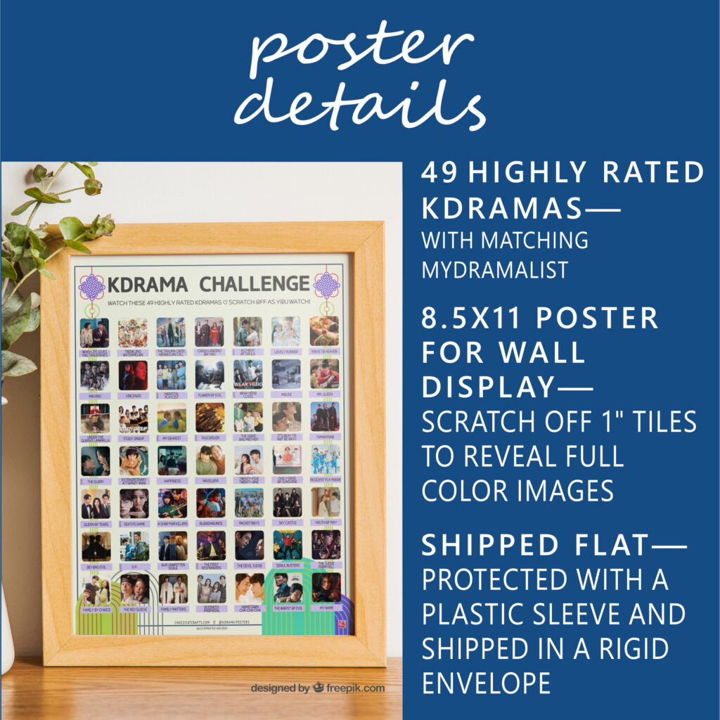 A vibrant poster on a tabletop titled "KDRAMA CHALLENGE" displays 49 Top Rated Kdramas within a wooden frame. The poster features a grid of images and drama titles. On the table, there is a houseplant to the left of the frame. White text on blue background: Poster Details. 49 Top Rated Kdramas—with Matching MyDramaList. 8.5x11 poster for wall display—Scratch off 1” tiles to reveal full color images. Shipped flat—Protected in a plastic sleeve and shipped in a rigid envelope.