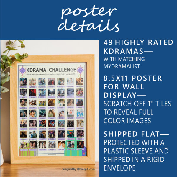 A vibrant poster on a tabletop titled "KDRAMA CHALLENGE" displays 49 Top Rated Kdramas within a wooden frame. The poster features a grid of images and drama titles. On the table, there is a houseplant to the left of the frame. White text on blue background: Poster Details. 49 Top Rated Kdramas—with Matching MyDramaList. 8.5x11 poster for wall display—Scratch off 1” tiles to reveal full color images. Shipped flat—Protected in a plastic sleeve and shipped in a rigid envelope.
