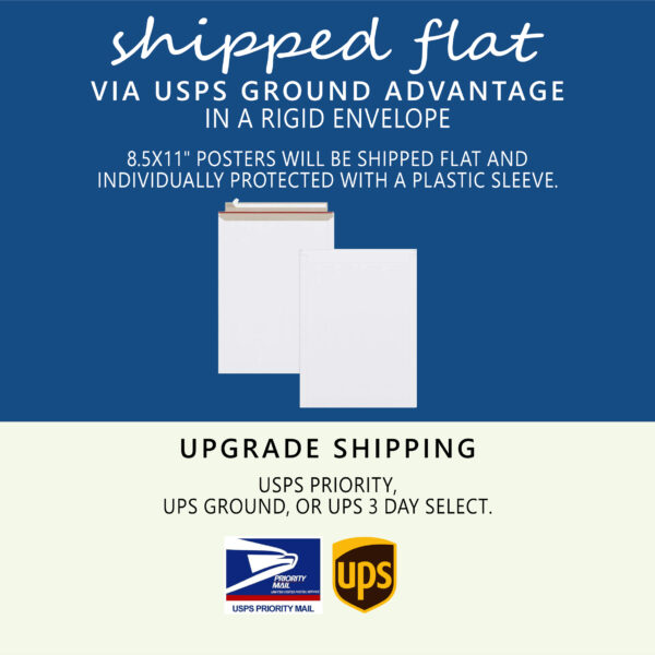 The image is a graphic with a blue background in the upper section and a light cream background in the lower section. The upper part features the text "shipped flat via USPS Ground Advantage in a rigid envelope" in a mix of script and bold fonts. Beneath, a sentence states that "8.5x11" posters will be shipped flat and individually protected with a plastic sleeve." Below the text, there are two white rigid envelopes, one positioned slightly behind the other, illustrating the packaging method. In the lower cream section, additional text reads "UPGRADE SHIPPING" followed by options: "USPS Priority, UPS Ground, or UPS 3 Day Select." At the bottom are the logos for USPS Priority Mail and UPS.