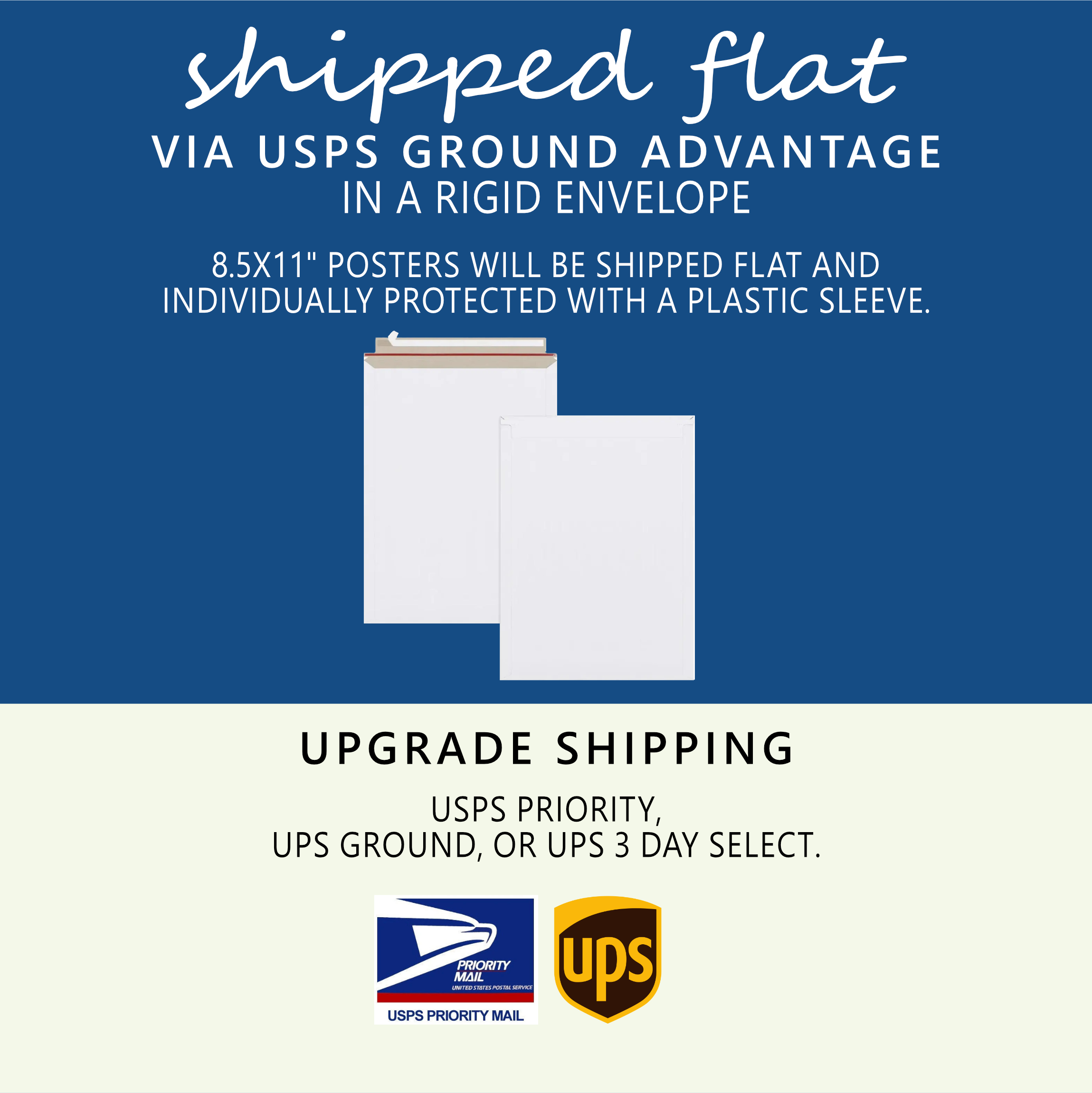 The image is a graphic with a blue background in the upper section and a light cream background in the lower section. The upper part features the text "shipped flat via USPS Ground Advantage in a rigid envelope" in a mix of script and bold fonts. Beneath, a sentence states that "8.5x11" posters will be shipped flat and individually protected with a plastic sleeve." Below the text, there are two white rigid envelopes, one positioned slightly behind the other, illustrating the packaging method. In the lower cream section, additional text reads "UPGRADE SHIPPING" followed by options: "USPS Priority, UPS Ground, or UPS 3 Day Select." At the bottom are the logos for USPS Priority Mail and UPS.